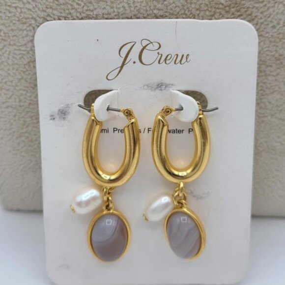 J Crew Agate & Freshwater Pearl Drop Earrings NWT! NEW! - Picture 1 of 5